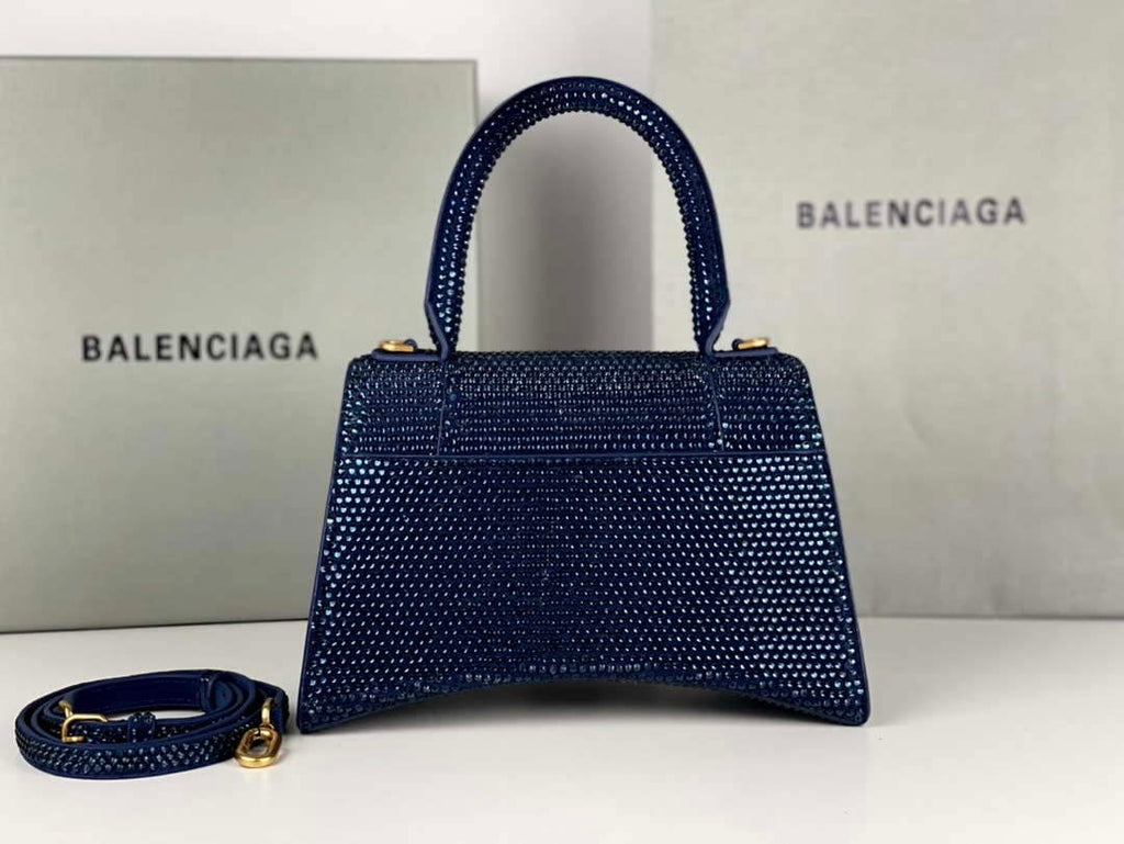 Balenciaga 59283328 Hourglass Top Handle in Navy blue Suede Calfskin with Rhinestones
