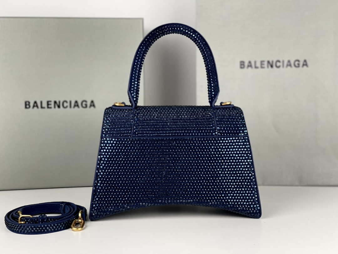 Balenciaga 59283328 Hourglass Top Handle in Navy blue Suede Calfskin with Rhinestones