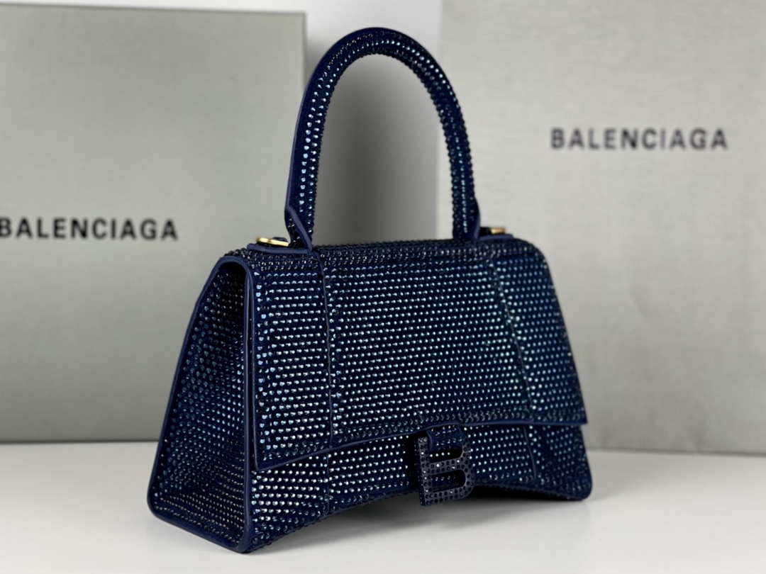 Balenciaga 59283328 Hourglass Top Handle in Navy blue Suede Calfskin with Rhinestones