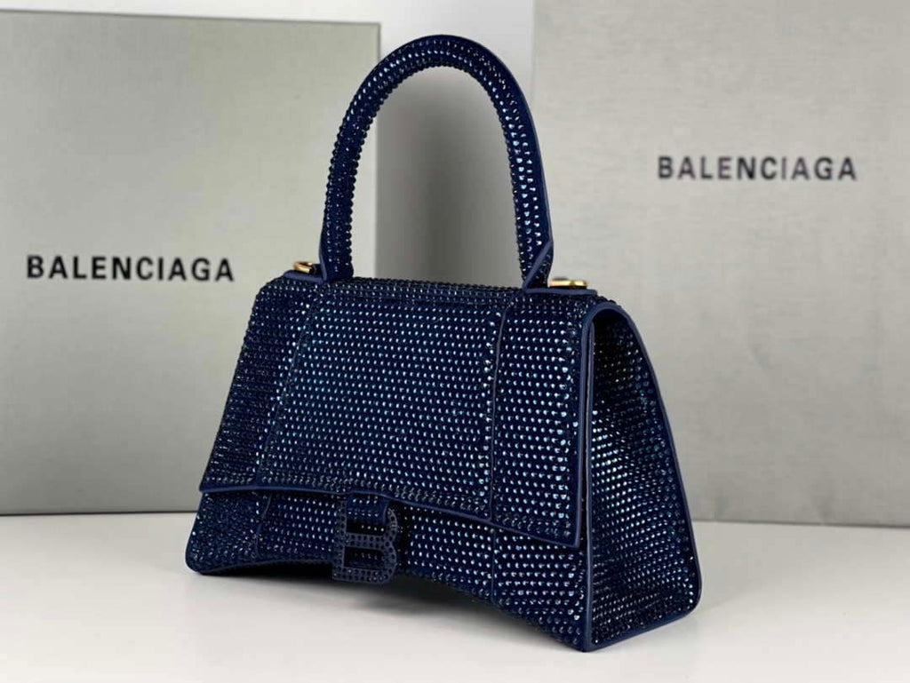 Balenciaga 59283328 Hourglass Top Handle in Navy blue Suede Calfskin with Rhinestones