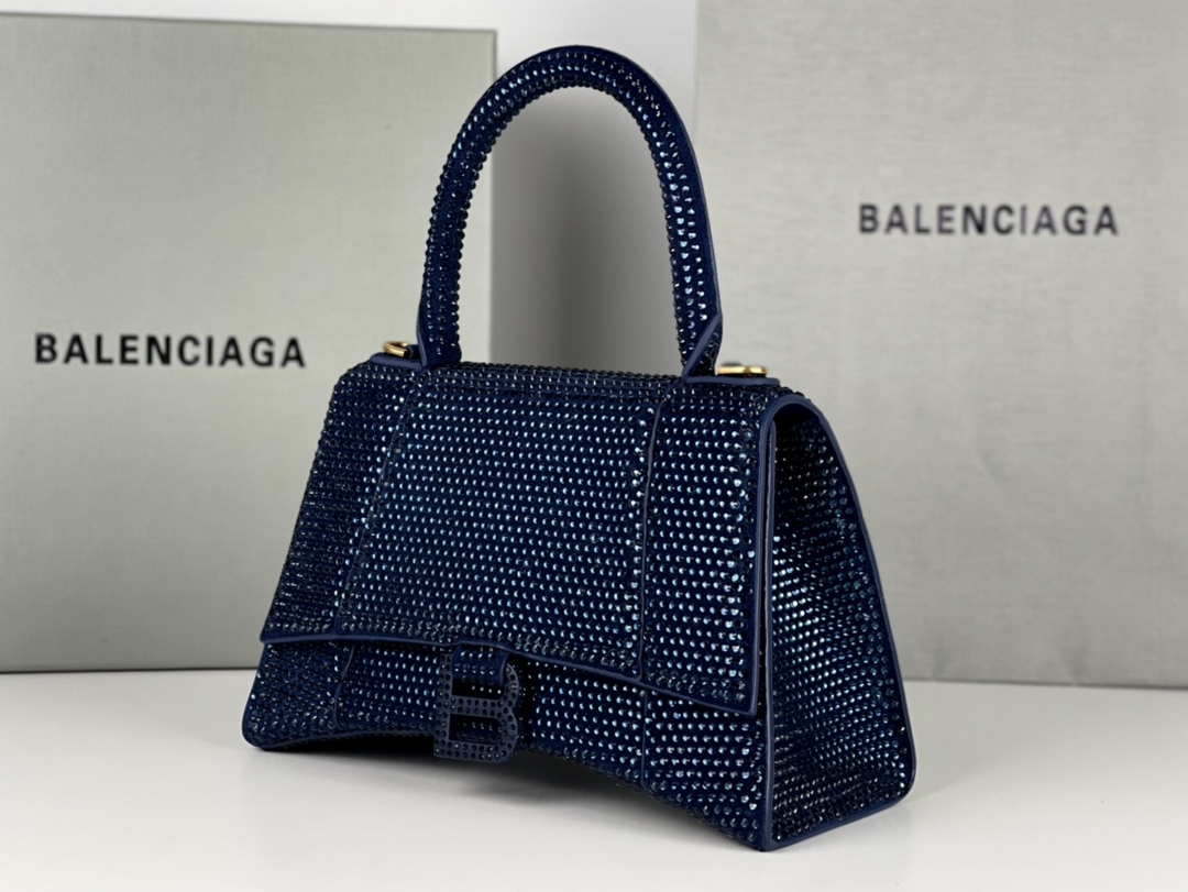 Balenciaga 59283328 Hourglass Top Handle in Navy blue Suede Calfskin with Rhinestones