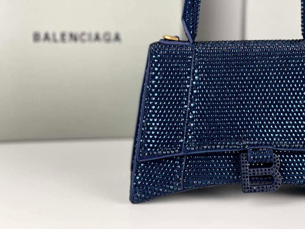 Balenciaga 59283328 Hourglass Top Handle in Navy blue Suede Calfskin with Rhinestones