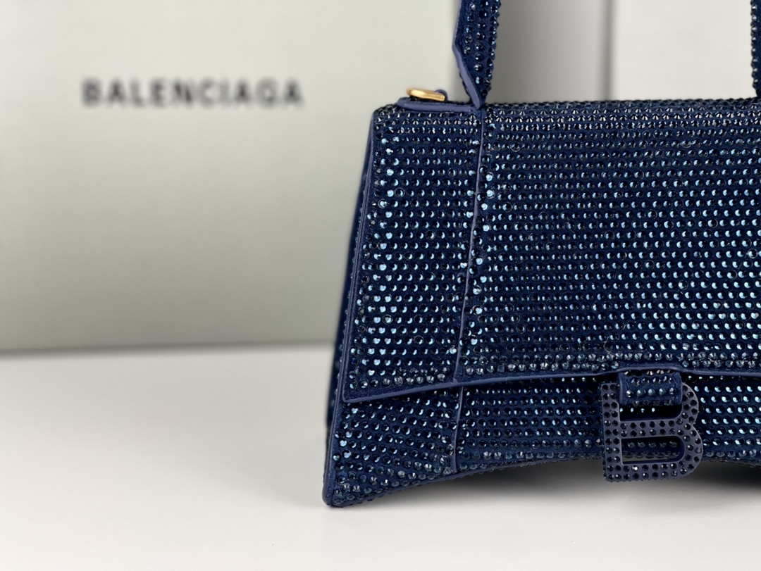 Balenciaga 59283328 Hourglass Top Handle in Navy blue Suede Calfskin with Rhinestones