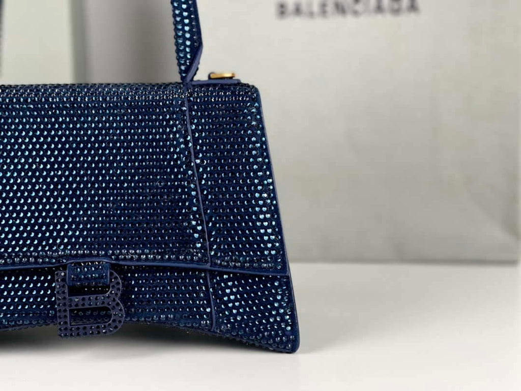 Balenciaga 59283328 Hourglass Top Handle in Navy blue Suede Calfskin with Rhinestones