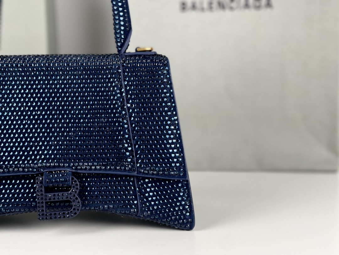 Balenciaga 59283328 Hourglass Top Handle in Navy blue Suede Calfskin with Rhinestones