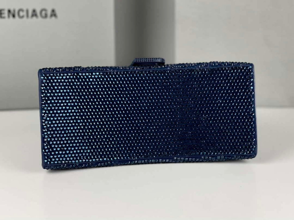 Balenciaga 59283328 Hourglass Top Handle in Navy blue Suede Calfskin with Rhinestones