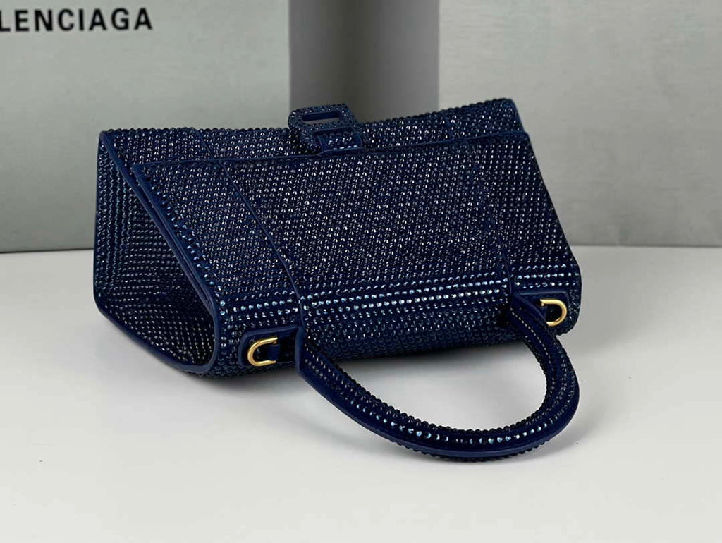 Balenciaga 59283328 Hourglass Top Handle in Navy blue Suede Calfskin with Rhinestones