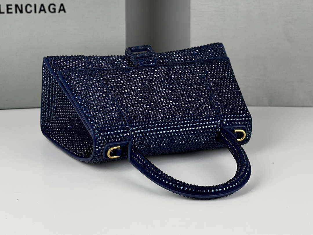 Balenciaga 59283328 Hourglass Top Handle in Navy blue Suede Calfskin with Rhinestones
