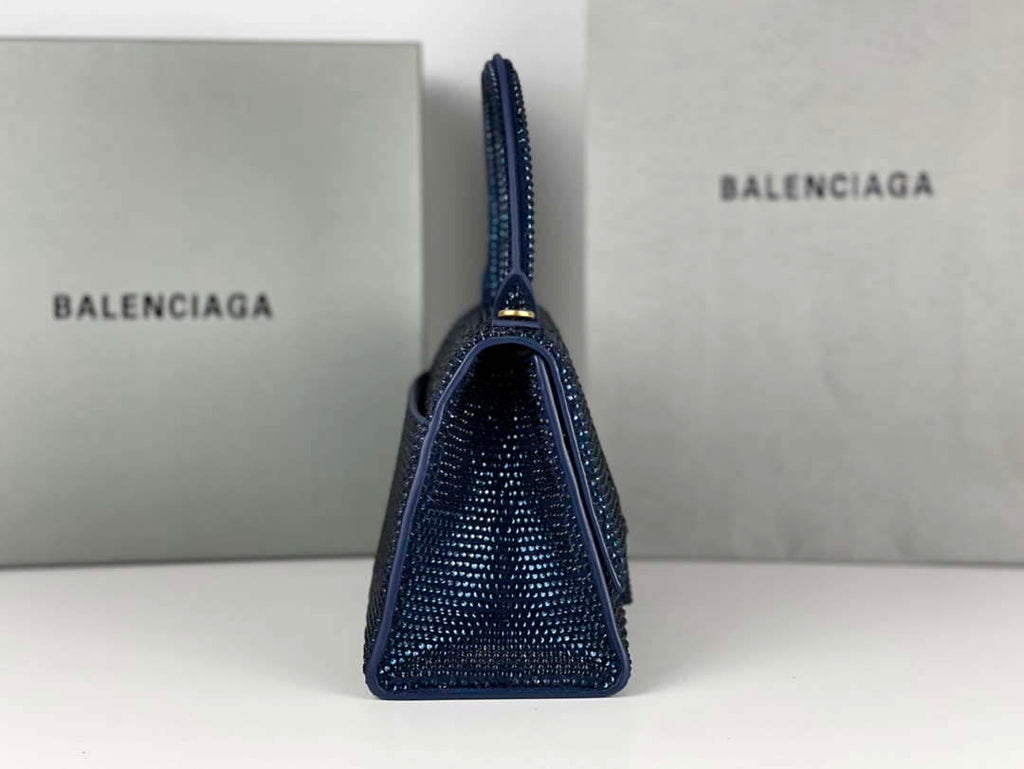 Balenciaga 59283328 Hourglass Top Handle in Navy blue Suede Calfskin with Rhinestones