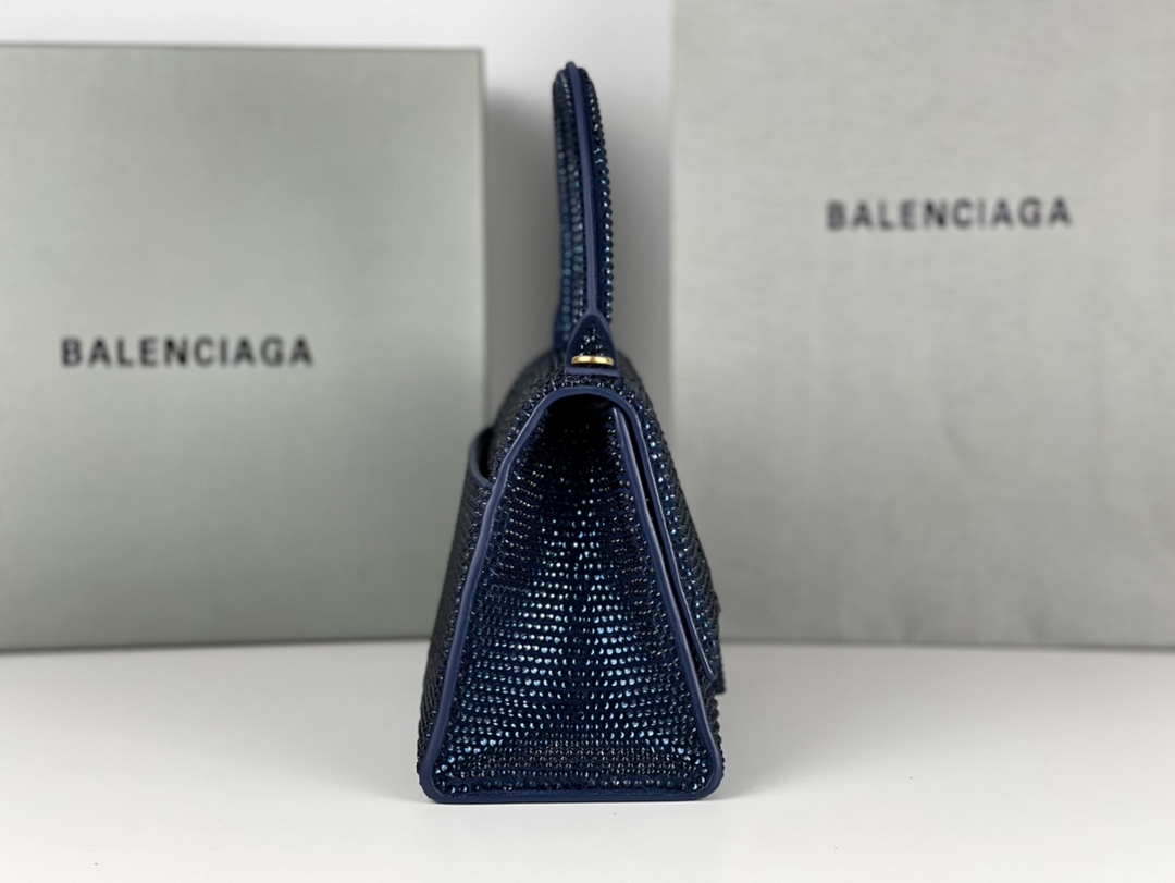 Balenciaga 59283328 Hourglass Top Handle in Navy blue Suede Calfskin with Rhinestones