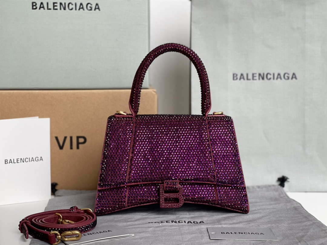 Balenciaga 59283328 Hourglass Top Handle in Purple red Suede Calfskin with Rhinestones