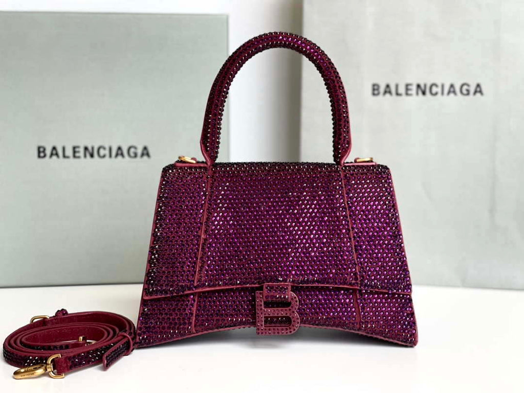 Balenciaga 59283328 Hourglass Top Handle in Purple red Suede Calfskin with Rhinestones