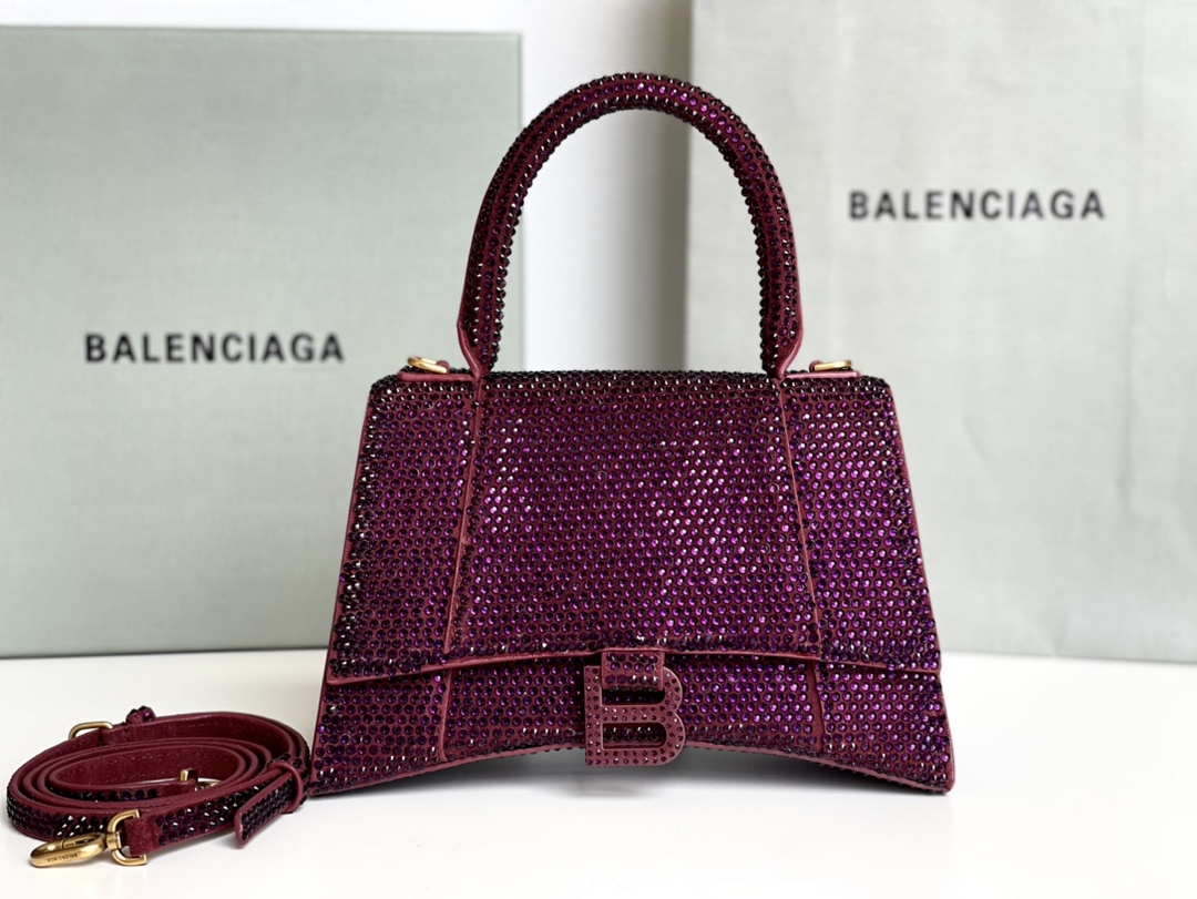 Balenciaga 59283328 Hourglass Top Handle in Purple red Suede Calfskin with Rhinestones