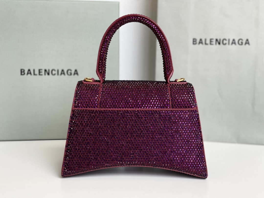 Balenciaga 59283328 Hourglass Top Handle in Purple red Suede Calfskin with Rhinestones