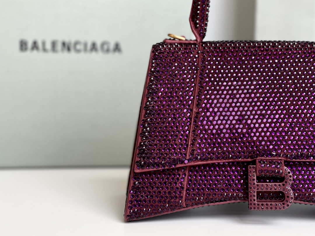 Balenciaga 59283328 Hourglass Top Handle in Purple red Suede Calfskin with Rhinestones