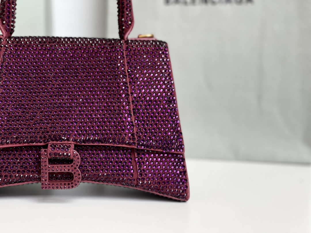 Balenciaga 59283328 Hourglass Top Handle in Purple red Suede Calfskin with Rhinestones
