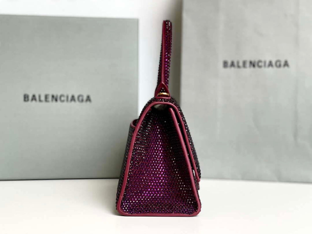 Balenciaga 59283328 Hourglass Top Handle in Purple red Suede Calfskin with Rhinestones