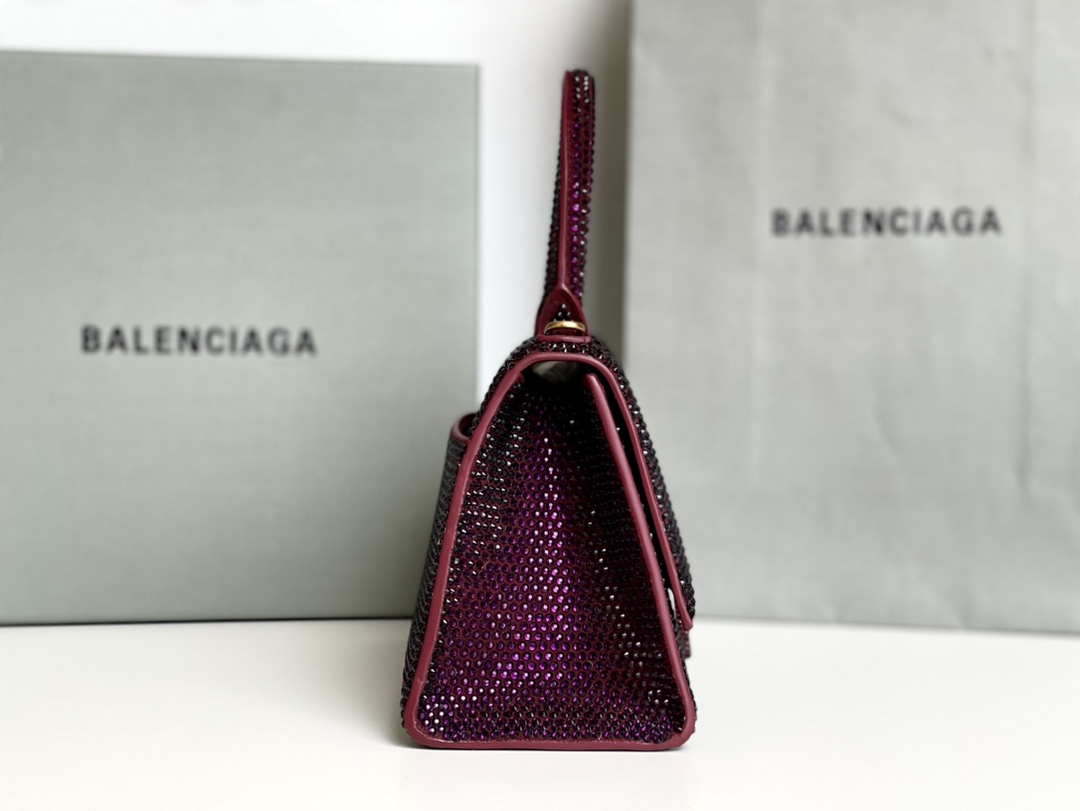 Balenciaga 59283328 Hourglass Top Handle in Purple red Suede Calfskin with Rhinestones