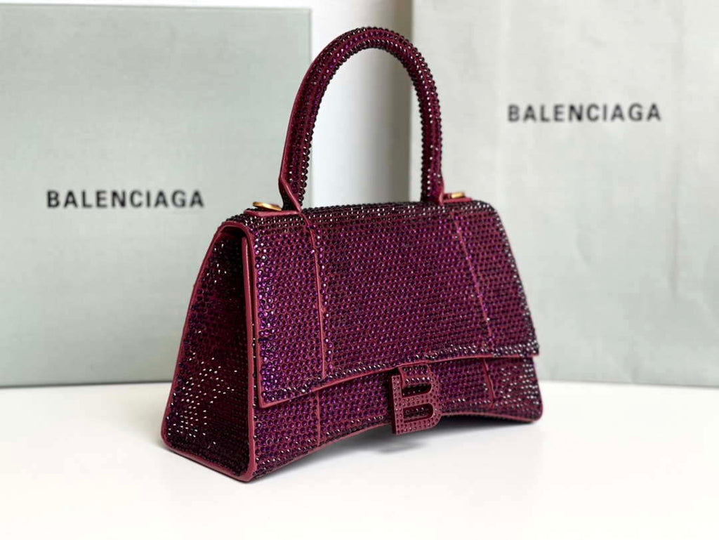 Balenciaga 59283328 Hourglass Top Handle in Purple red Suede Calfskin with Rhinestones