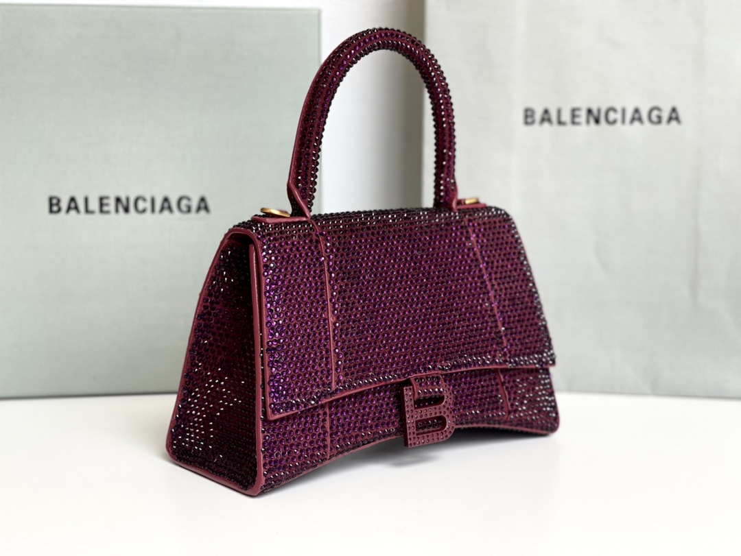 Balenciaga 59283328 Hourglass Top Handle in Purple red Suede Calfskin with Rhinestones