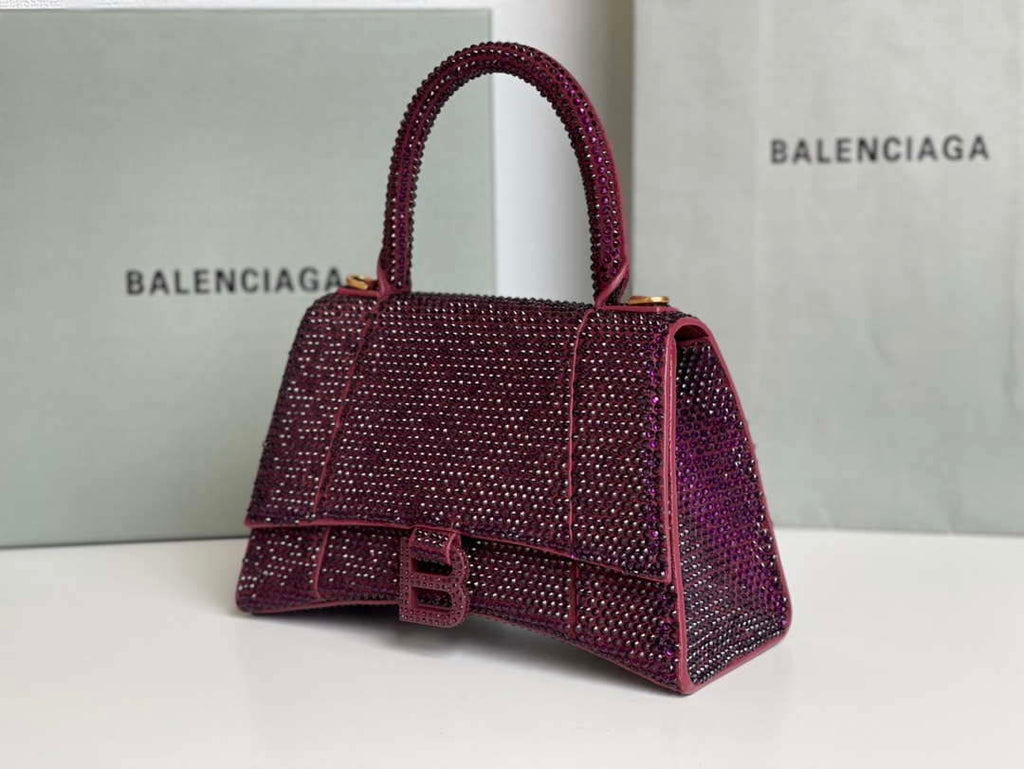 Balenciaga 59283328 Hourglass Top Handle in Purple red Suede Calfskin with Rhinestones