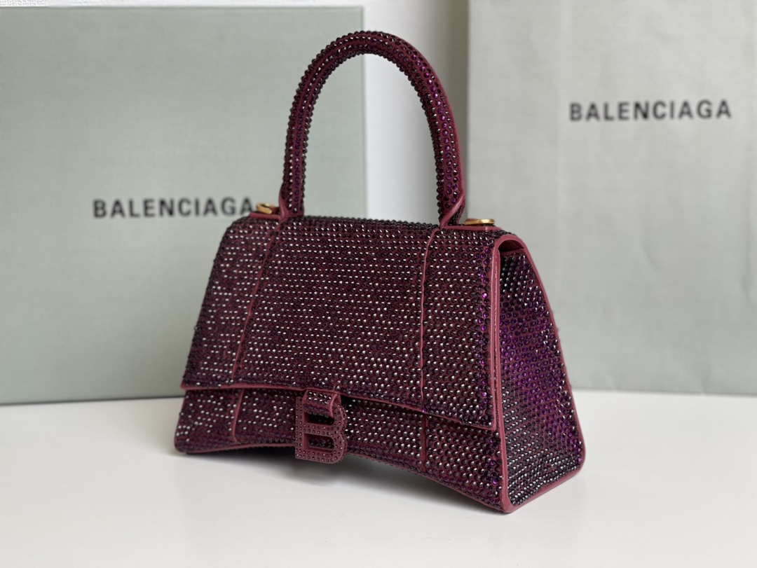 Balenciaga 59283328 Hourglass Top Handle in Purple red Suede Calfskin with Rhinestones