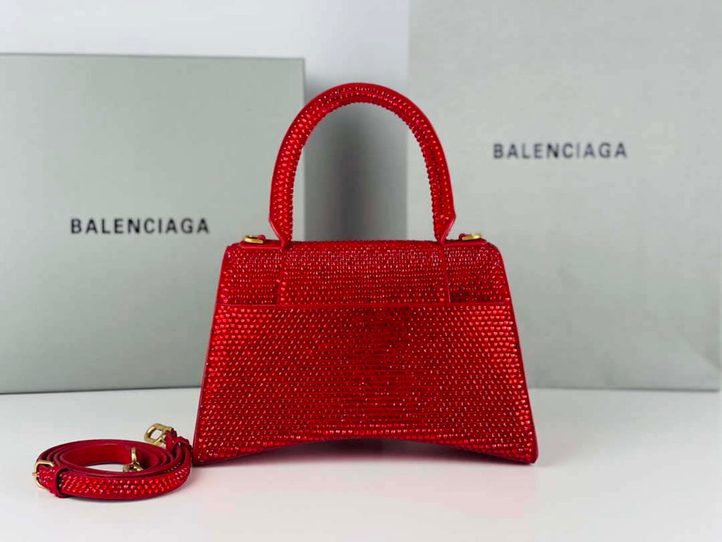 Balenciaga 59283328 Hourglass Top Handle in Red Suede Calfskin with Rhinestones
