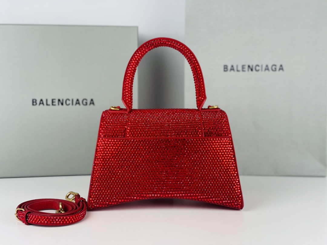 Balenciaga 59283328 Hourglass Top Handle in Red Suede Calfskin with Rhinestones