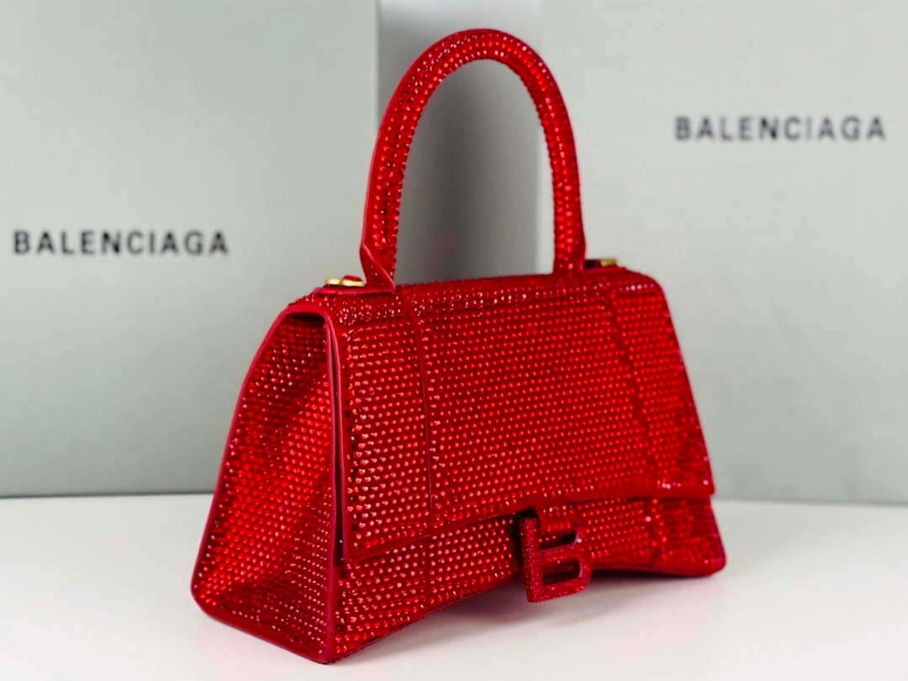 Balenciaga 59283328 Hourglass Top Handle in Red Suede Calfskin with Rhinestones