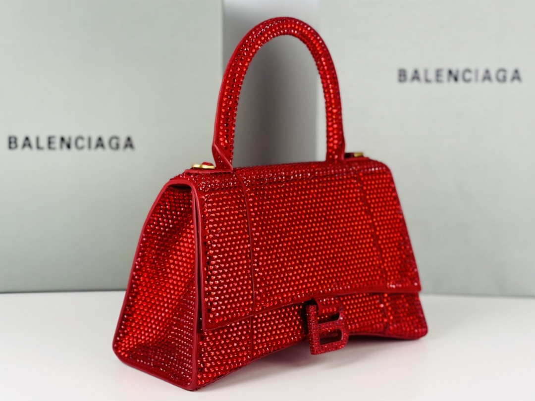Balenciaga 59283328 Hourglass Top Handle in Red Suede Calfskin with Rhinestones