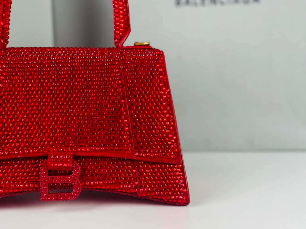 Balenciaga 59283328 Hourglass Top Handle in Red Suede Calfskin with Rhinestones