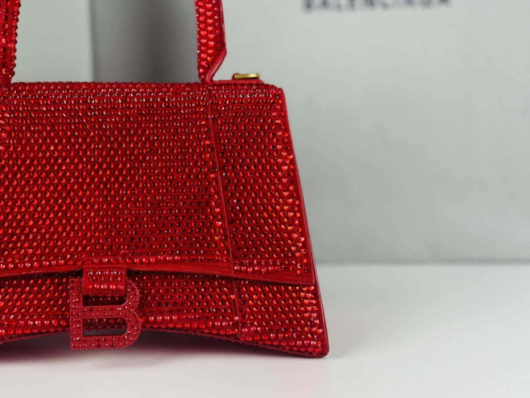 Balenciaga 59283328 Hourglass Top Handle in Red Suede Calfskin with Rhinestones