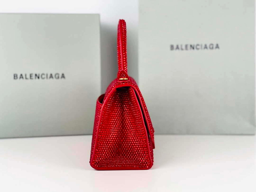Balenciaga 59283328 Hourglass Top Handle in Red Suede Calfskin with Rhinestones