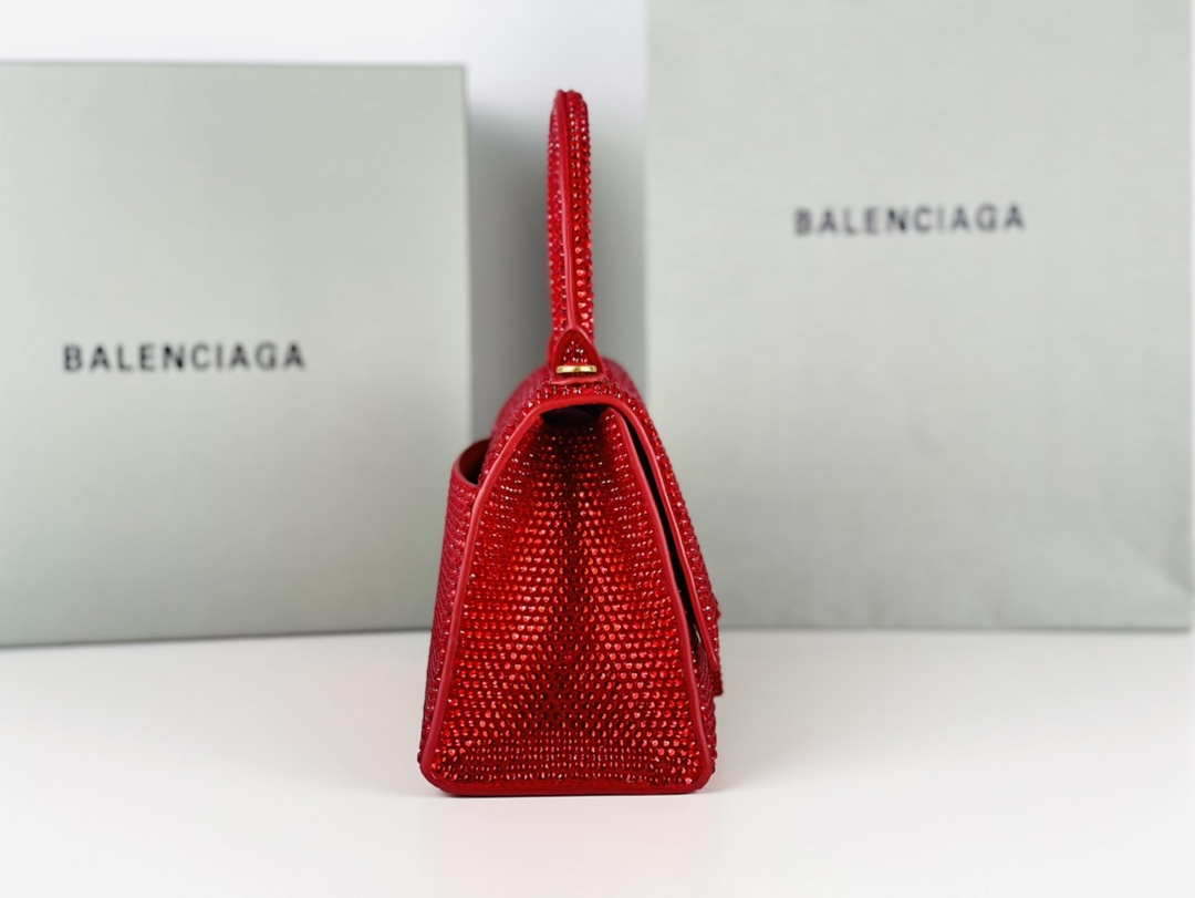 Balenciaga 59283328 Hourglass Top Handle in Red Suede Calfskin with Rhinestones