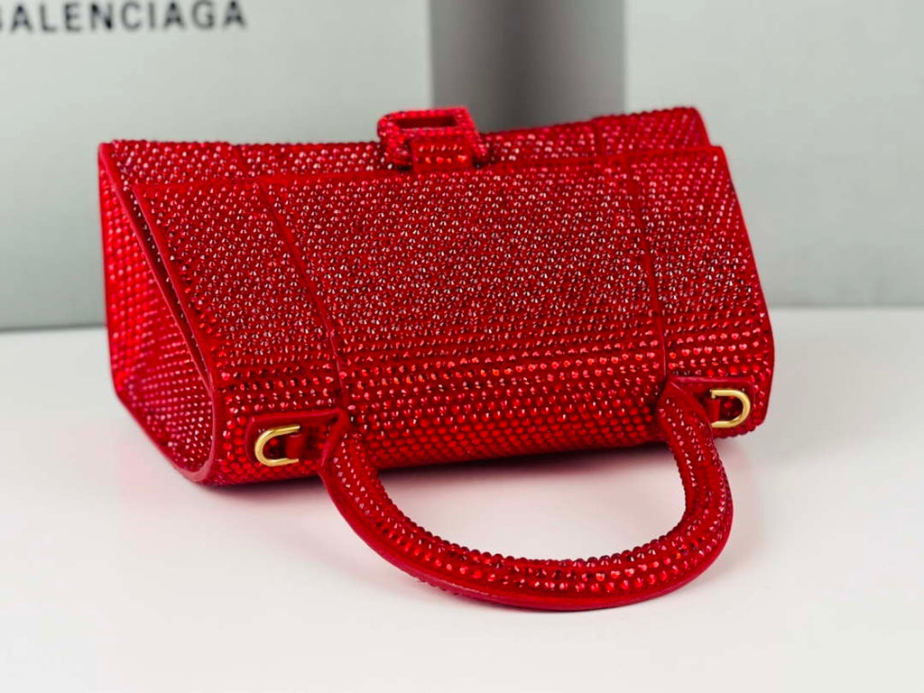 Balenciaga 59283328 Hourglass Top Handle in Red Suede Calfskin with Rhinestones