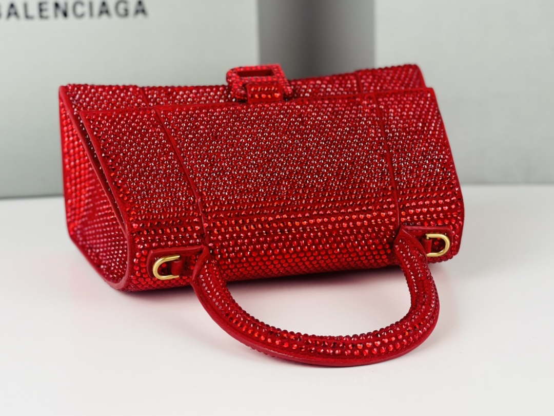 Balenciaga 59283328 Hourglass Top Handle in Red Suede Calfskin with Rhinestones