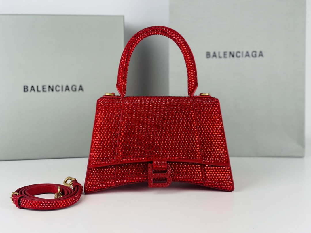 Balenciaga 59283328 Hourglass Top Handle in Red Suede Calfskin with Rhinestones - Default Title - View 7
