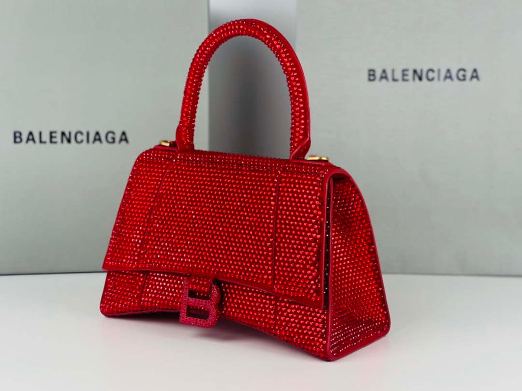 Balenciaga 59283328 Hourglass Top Handle in Red Suede Calfskin with Rhinestones