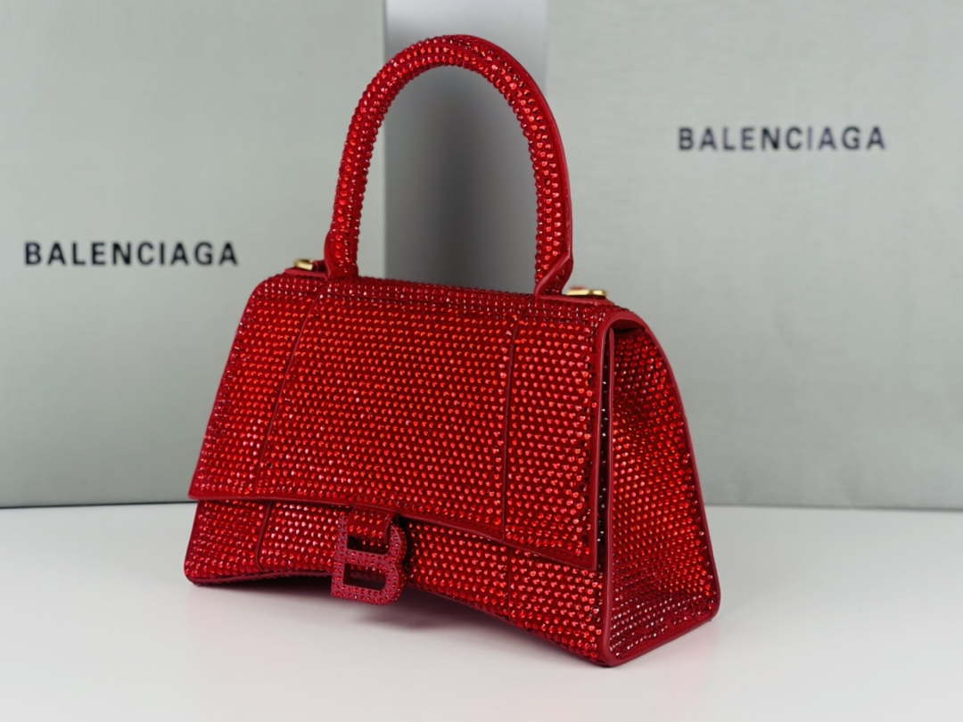 Balenciaga 59283328 Hourglass Top Handle in Red Suede Calfskin with Rhinestones