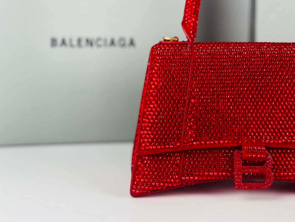 Balenciaga 59283328 Hourglass Top Handle in Red Suede Calfskin with Rhinestones
