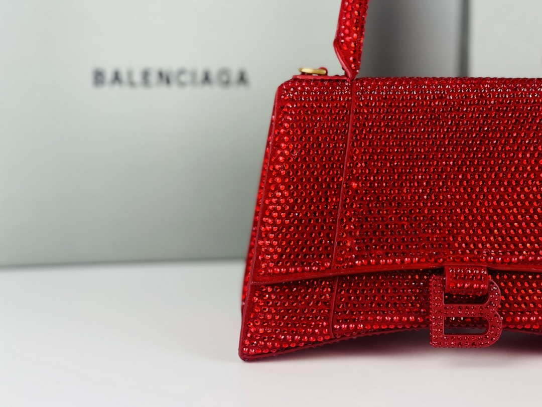 Balenciaga 59283328 Hourglass Top Handle in Red Suede Calfskin with Rhinestones