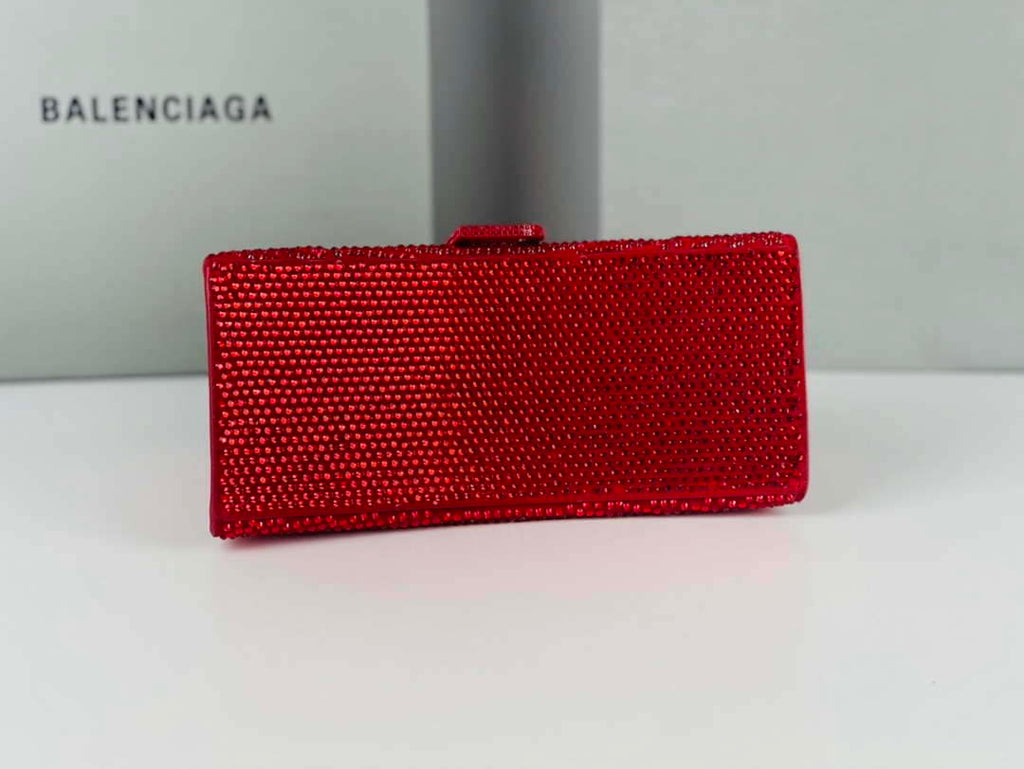 Balenciaga 59283328 Hourglass Top Handle in Red Suede Calfskin with Rhinestones