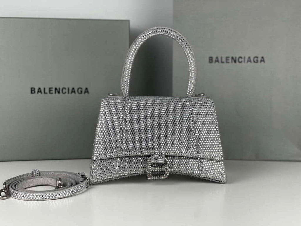 Balenciaga 59283328 Hourglass Top Handle in Sliver Suede Calfskin with Rhinestones µĸ±±¾