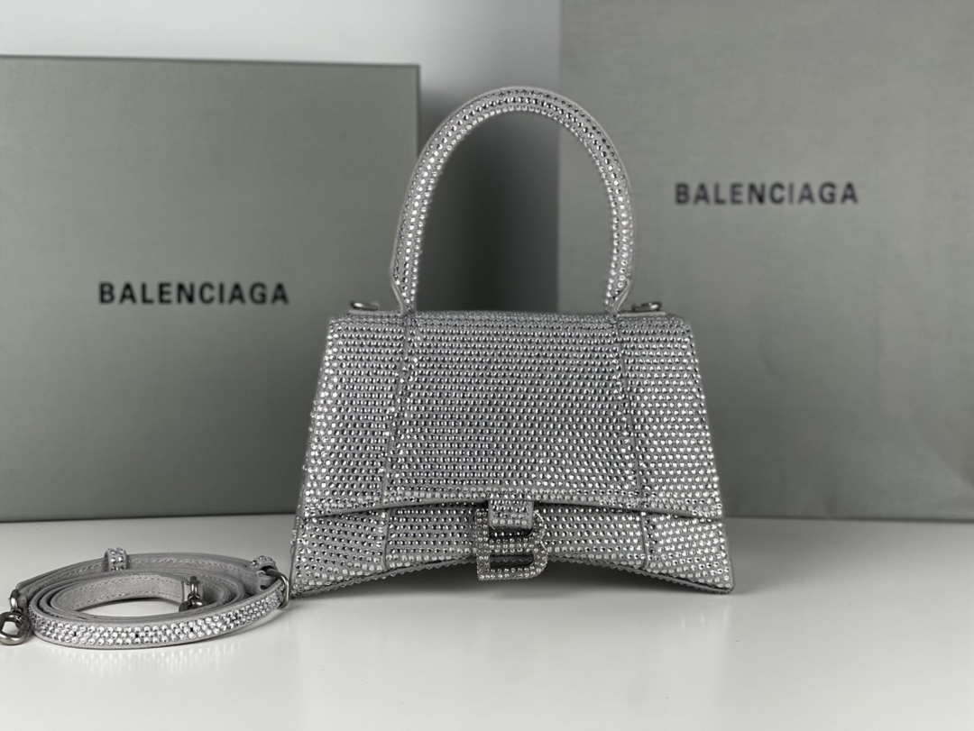Balenciaga 59283328 Hourglass Top Handle in Sliver Suede Calfskin with Rhinestones µĸ±±¾