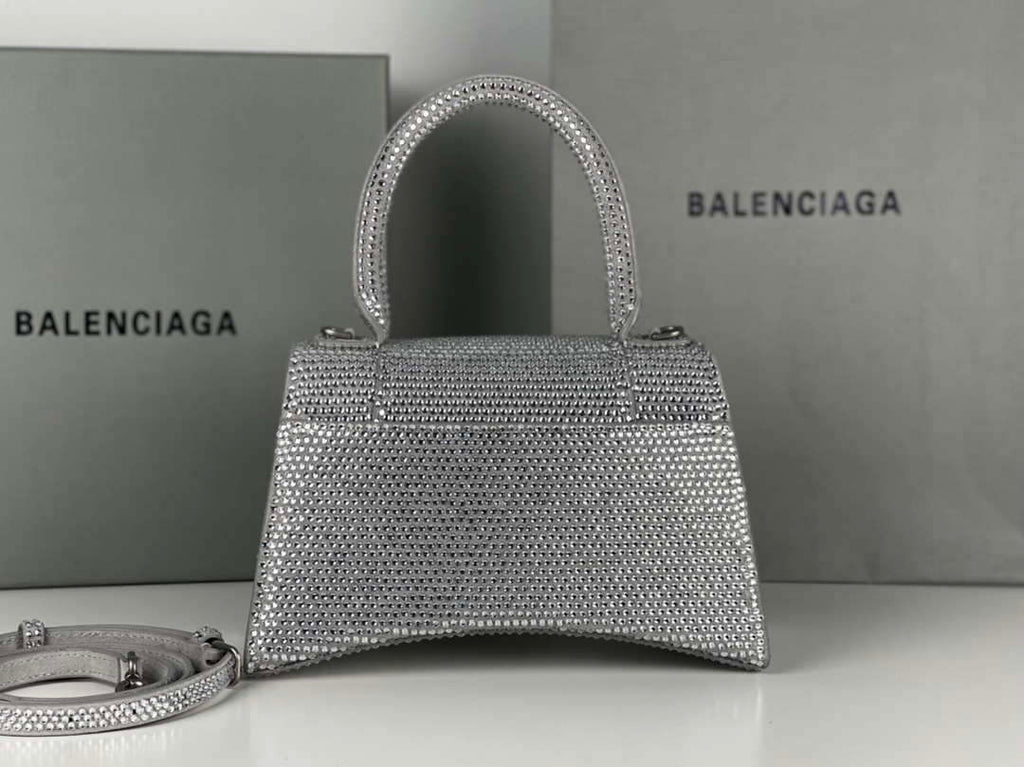 Balenciaga 59283328 Hourglass Top Handle in Sliver Suede Calfskin with Rhinestones µĸ±±¾