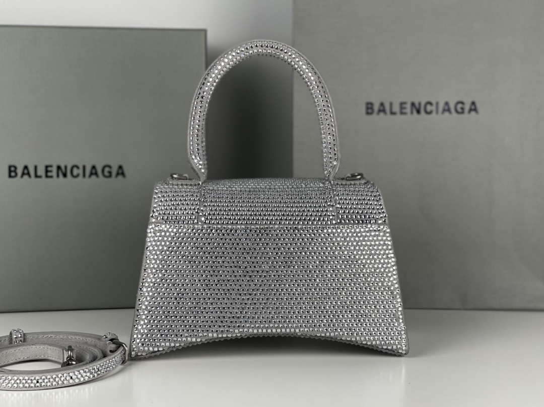 Balenciaga 59283328 Hourglass Top Handle in Sliver Suede Calfskin with Rhinestones µĸ±±¾