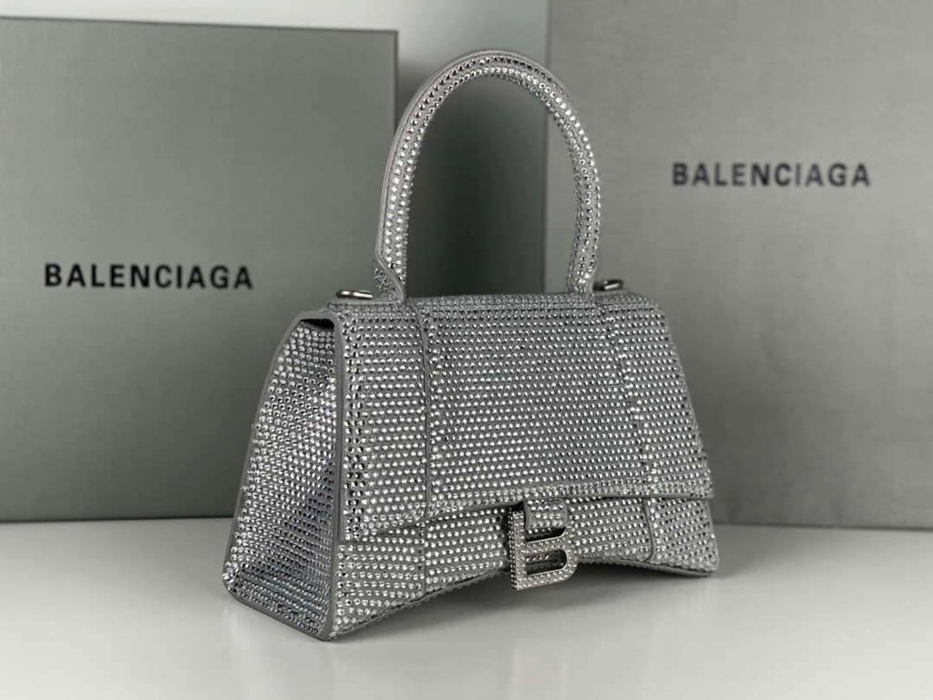Balenciaga 59283328 Hourglass Top Handle in Sliver Suede Calfskin with Rhinestones µĸ±±¾