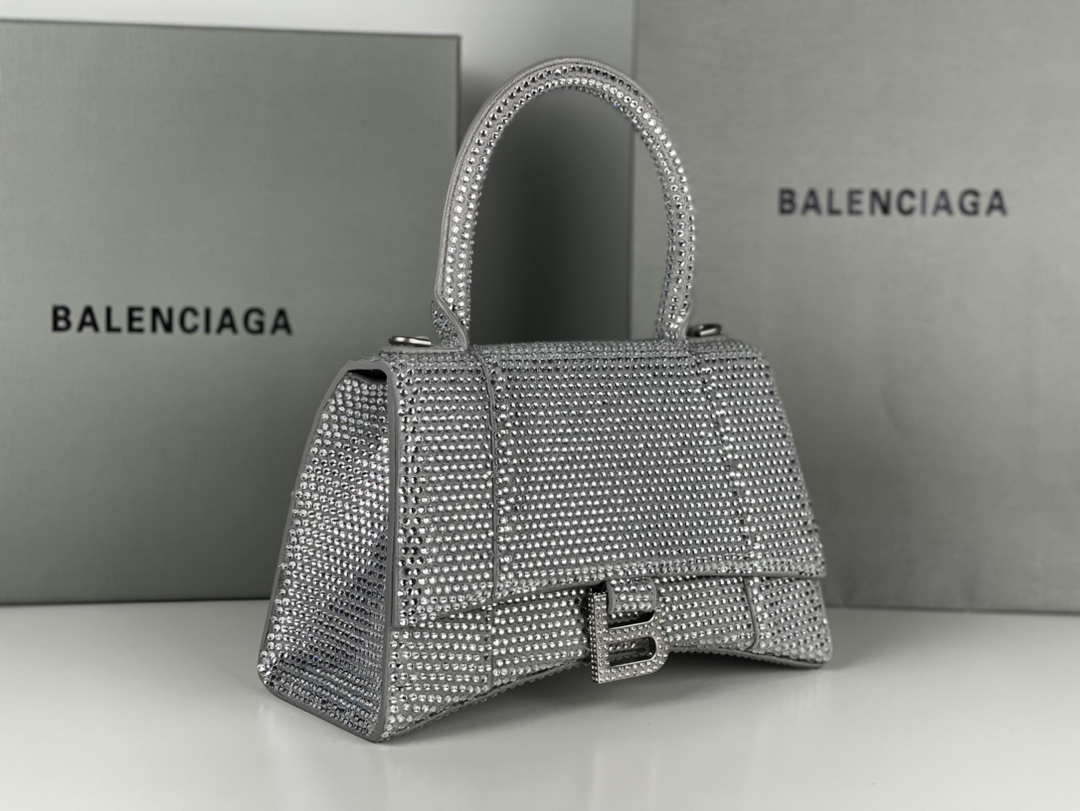 Balenciaga 59283328 Hourglass Top Handle in Sliver Suede Calfskin with Rhinestones µĸ±±¾