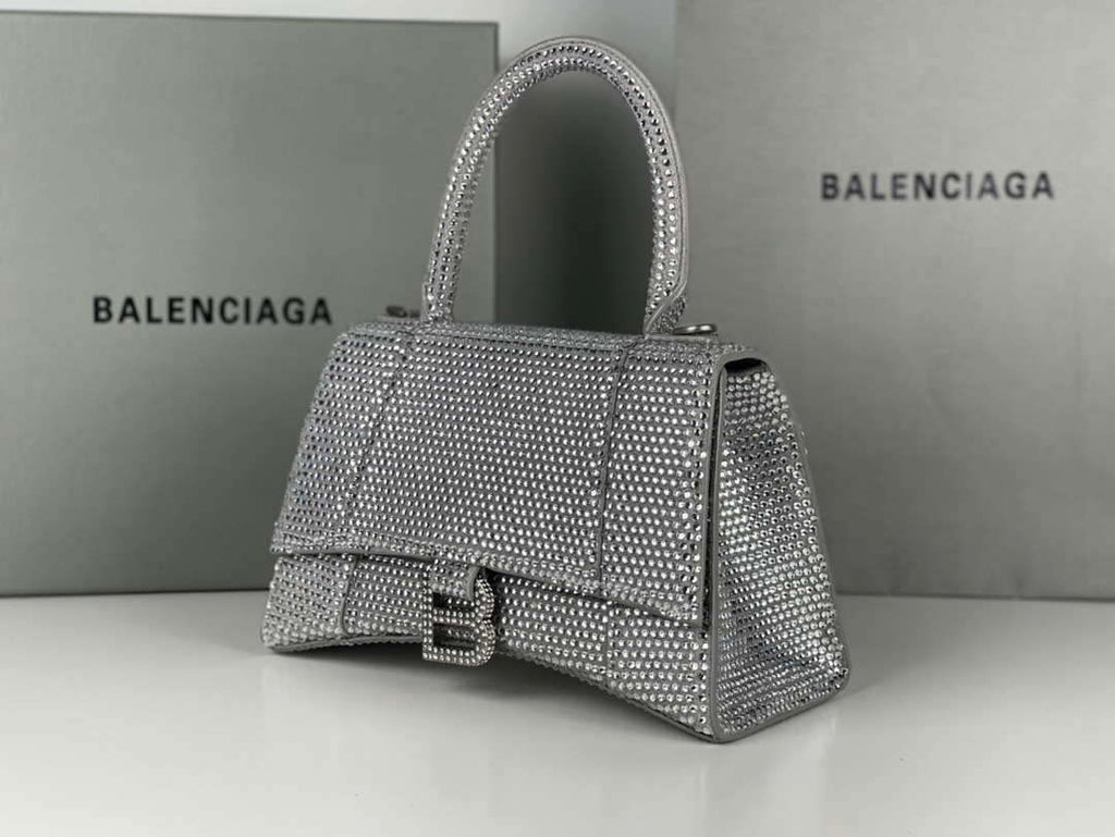 Balenciaga 59283328 Hourglass Top Handle in Sliver Suede Calfskin with Rhinestones µĸ±±¾
