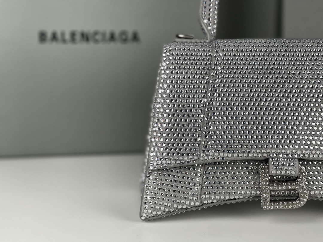 Balenciaga 59283328 Hourglass Top Handle in Sliver Suede Calfskin with Rhinestones µĸ±±¾